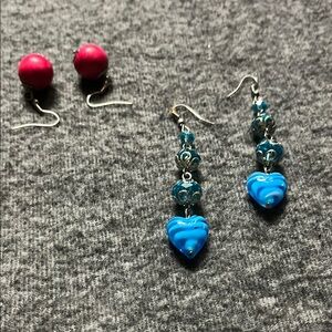Blue Heart Dangle Earrings And red Wood balls earrings